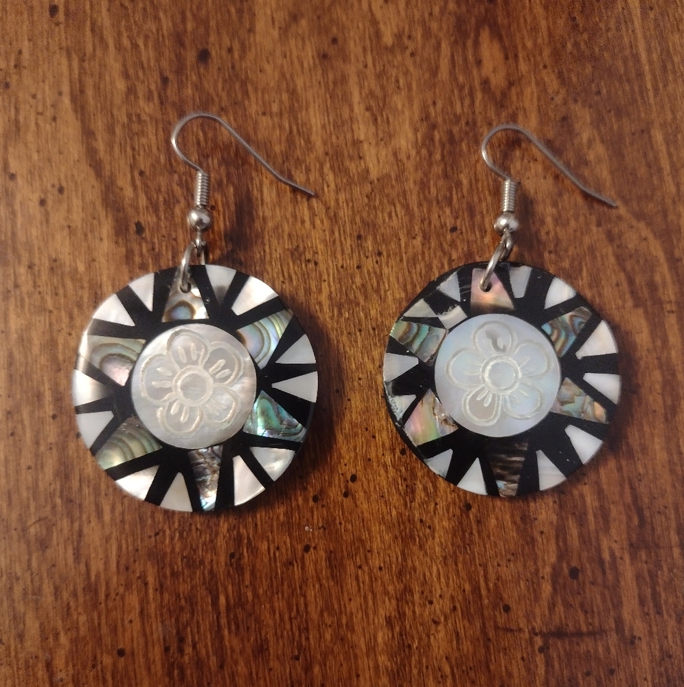 Boho Inlaid Black and Silver Mother of Pearl Floral Earrings